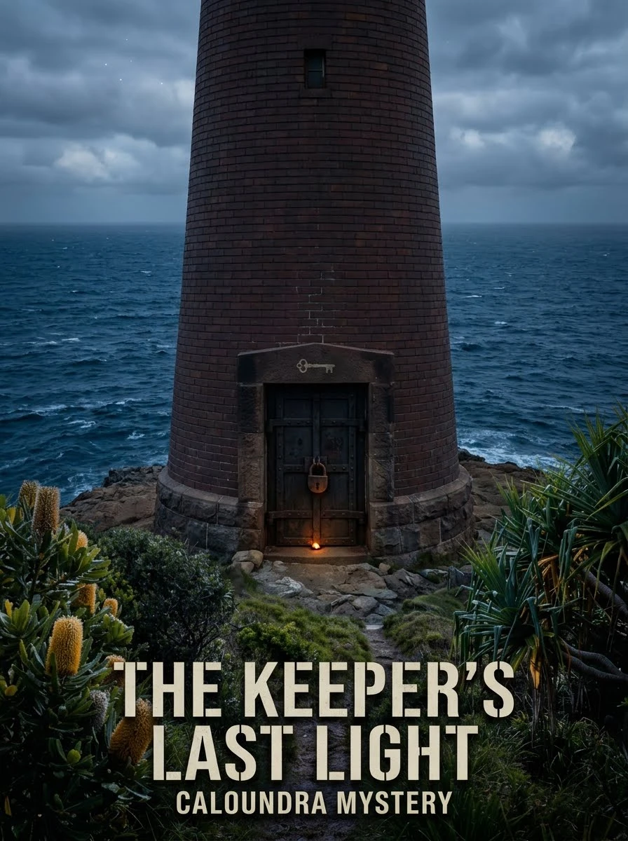 Poster for The Keeper's Last Light: a lighthouse door with a padlock on a stormy Caloundra headland.