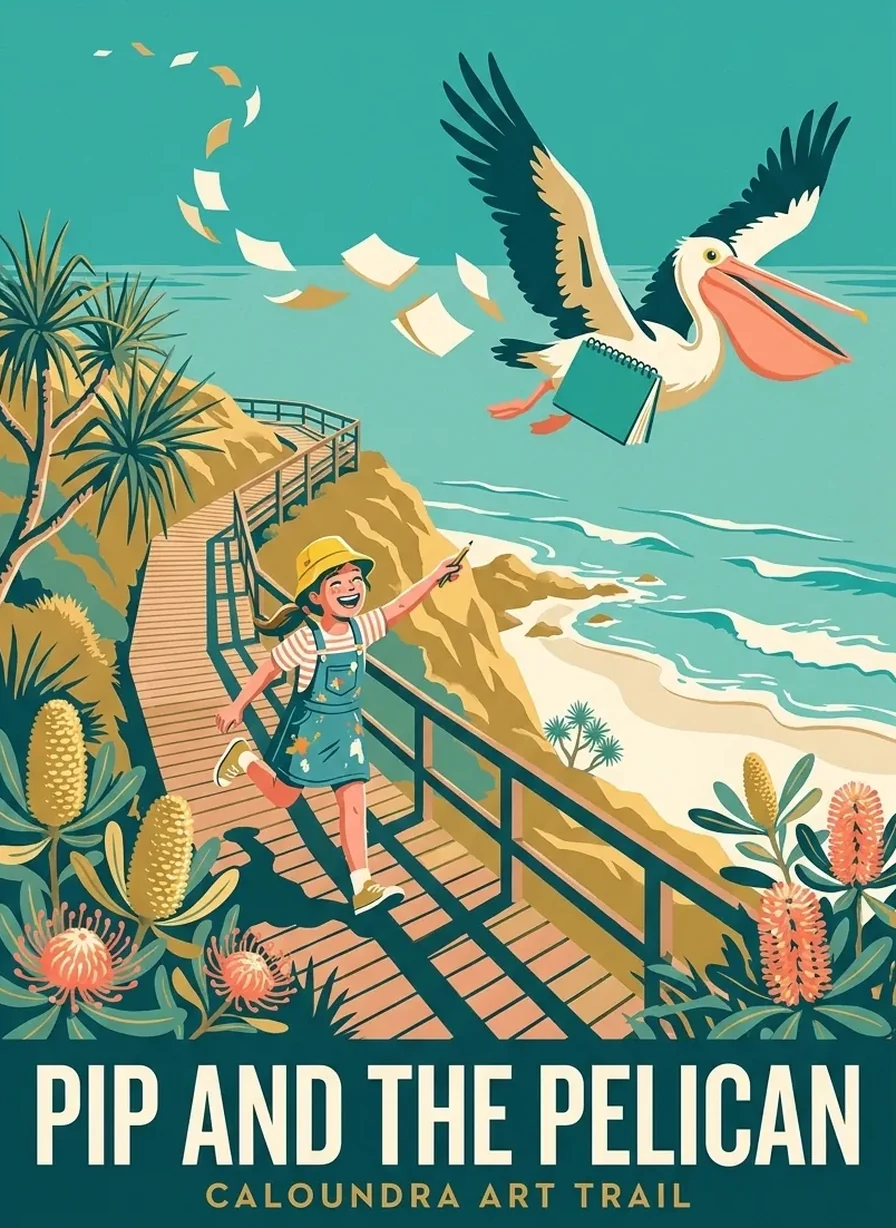 Poster for Pip and the Pelican: a pelican flies off over the surf with a girl's sketchbook while she chases it along a sunny coastal boardwalk.