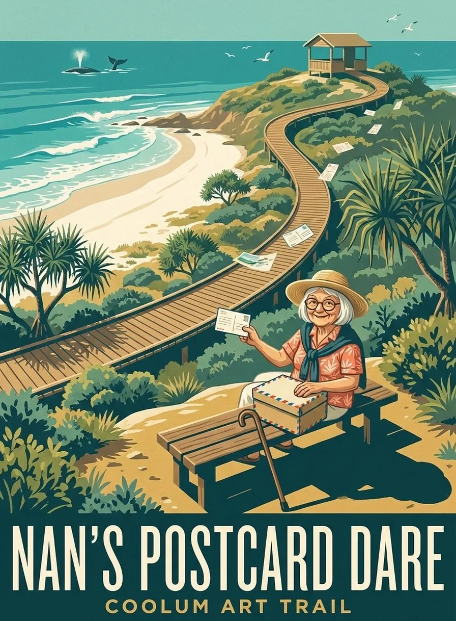 Poster for Nan's Postcard Dare: a grandmother in a straw hat on a bench holds out a postcard, with a boardwalk winding up a green headland above the surf.