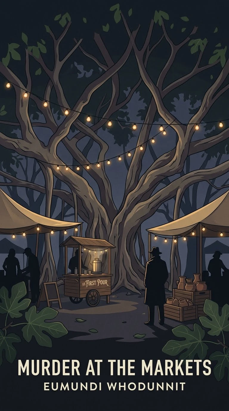 Poster for Murder at the Markets: market stalls and a coffee cart under a huge fig tree strung with lights.