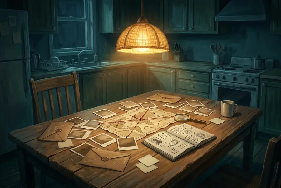 A kitchen table at night covered in photographs, a map with pins and red string, envelopes and a magnifying glass.