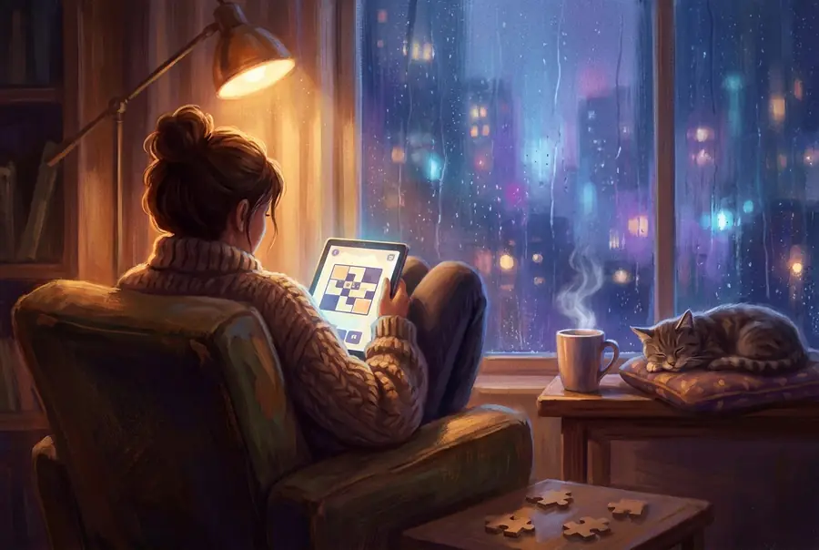 Someone curled in an armchair by a rainy window with a glowing tablet, a cup of tea and a sleeping cat.