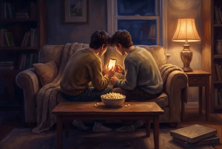 Two friends side by side on a couch at night, leaning in over one glowing phone, a bowl of popcorn on the table.