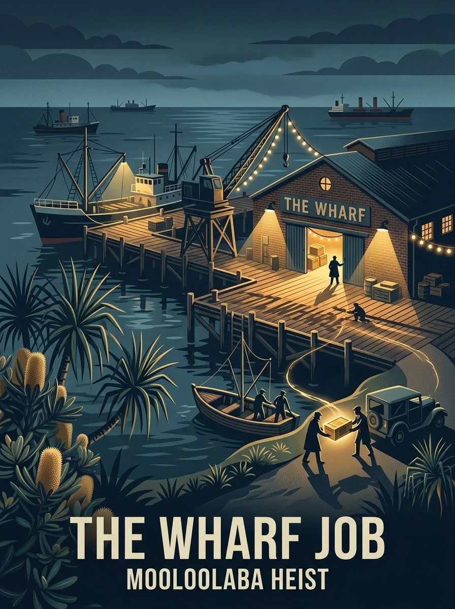 Poster for The Wharf Job: smugglers loading a crate by lantern light on an old Mooloolaba wharf.