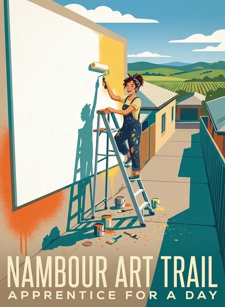 Poster for the Nambour Art Trail: a young muralist on a ladder rolls paint onto a huge blank wall above a country town and green hills.