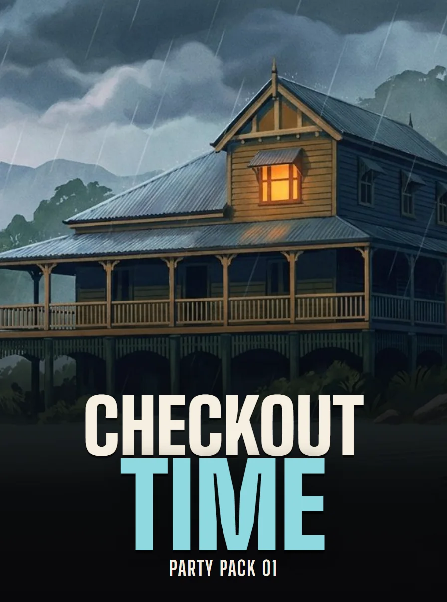 Poster for Checkout Time: an old guesthouse in the hills under a storm, one window lit.