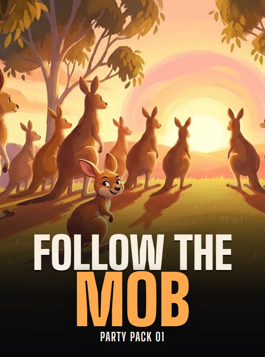 Poster for Follow the Mob: a mob of kangaroos facing the sunset, one joey looking the other way.