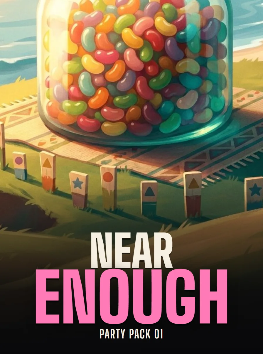 Poster for Near Enough: a giant jar of jelly beans on a headland above the beach.