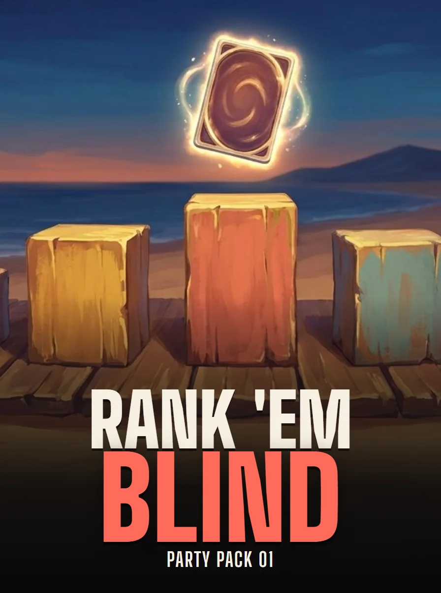 Poster for Rank 'Em Blind: five painted crates on a boardwalk at dusk under a glowing card.