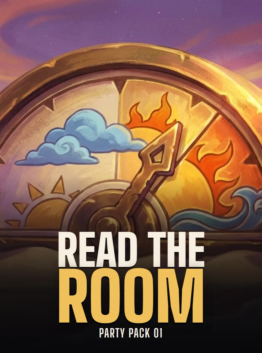 Poster for Read the Room: a brass dial between a cloud and a blazing sun, titled Read the Room, Party Pack 01.