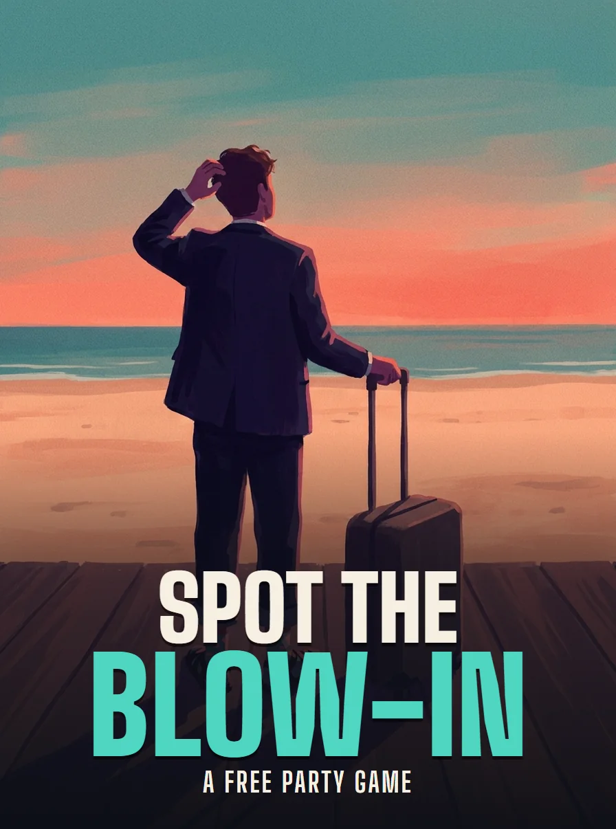 Poster for Spot the Blow-in: a man in a suit with a suitcase on a beach at sunset, trying to look like a local.