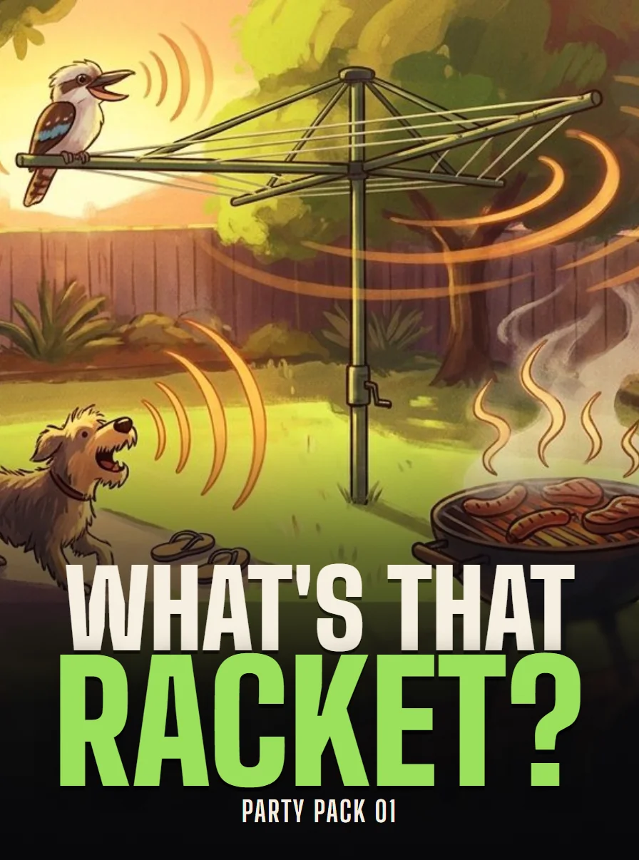 Poster for What's That Racket?: a noisy backyard with a kookaburra on the clothesline, a barking dog and a barbecue.
