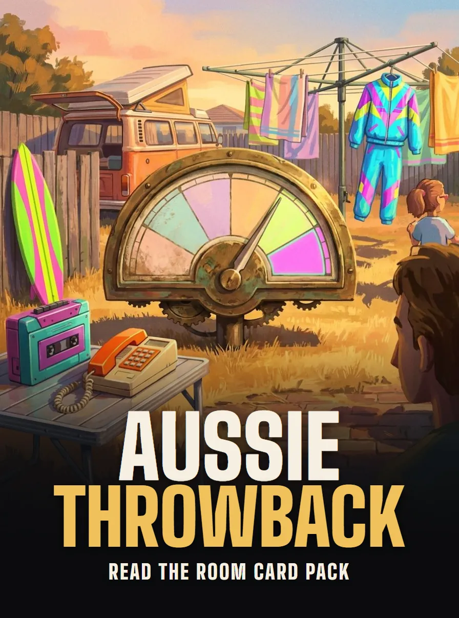 Poster for Aussie Throwback, a Read the Room card pack: the brass dial in a retro backyard with a cassette player, a shell suit on the line and a kombi.