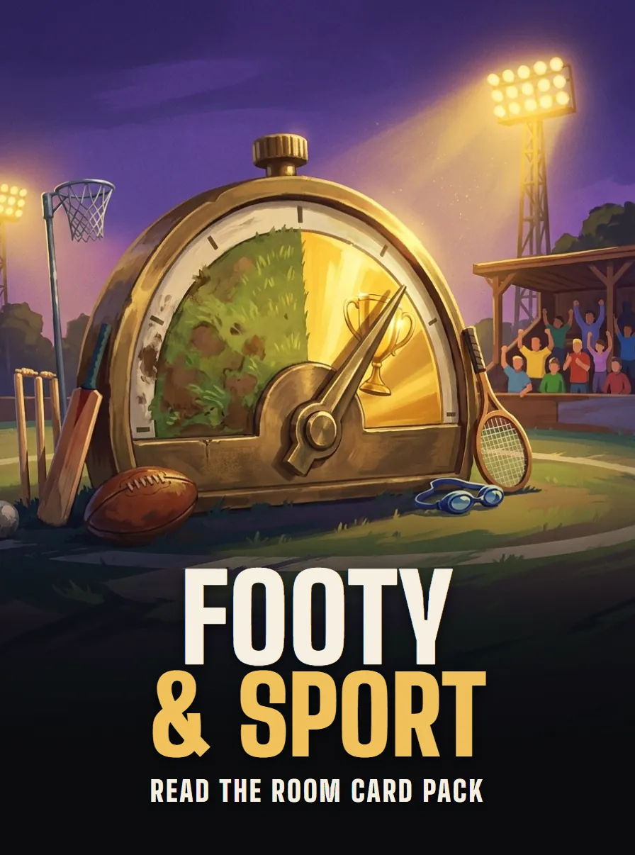 Poster for Footy and Sport, a Read the Room card pack: the brass dial at a floodlit oval, between a muddy paddock and a gold trophy.