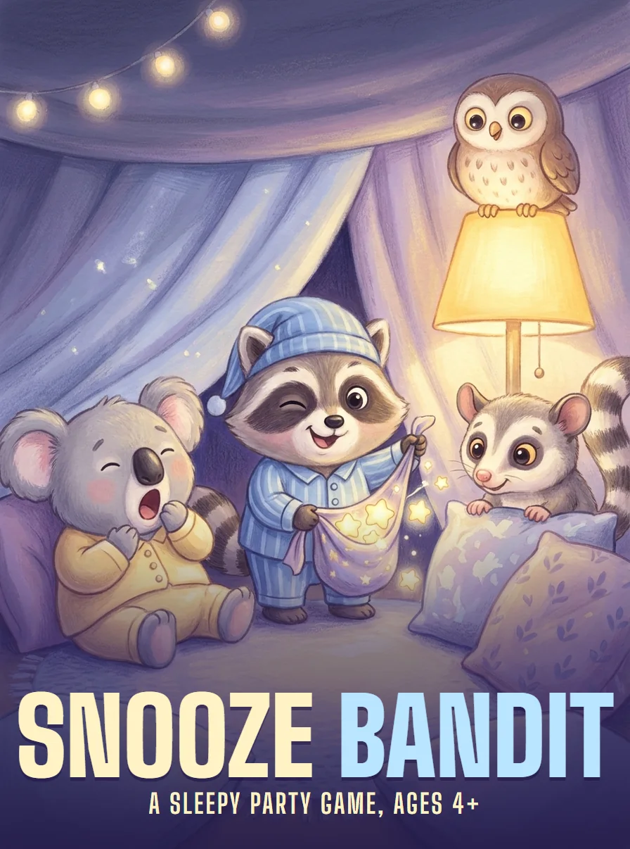 Poster for Snooze Bandit: a raccoon in pyjamas winks from a blanket fort with a bag of glowing snoozes, beside a yawning koala, a possum and an owl.