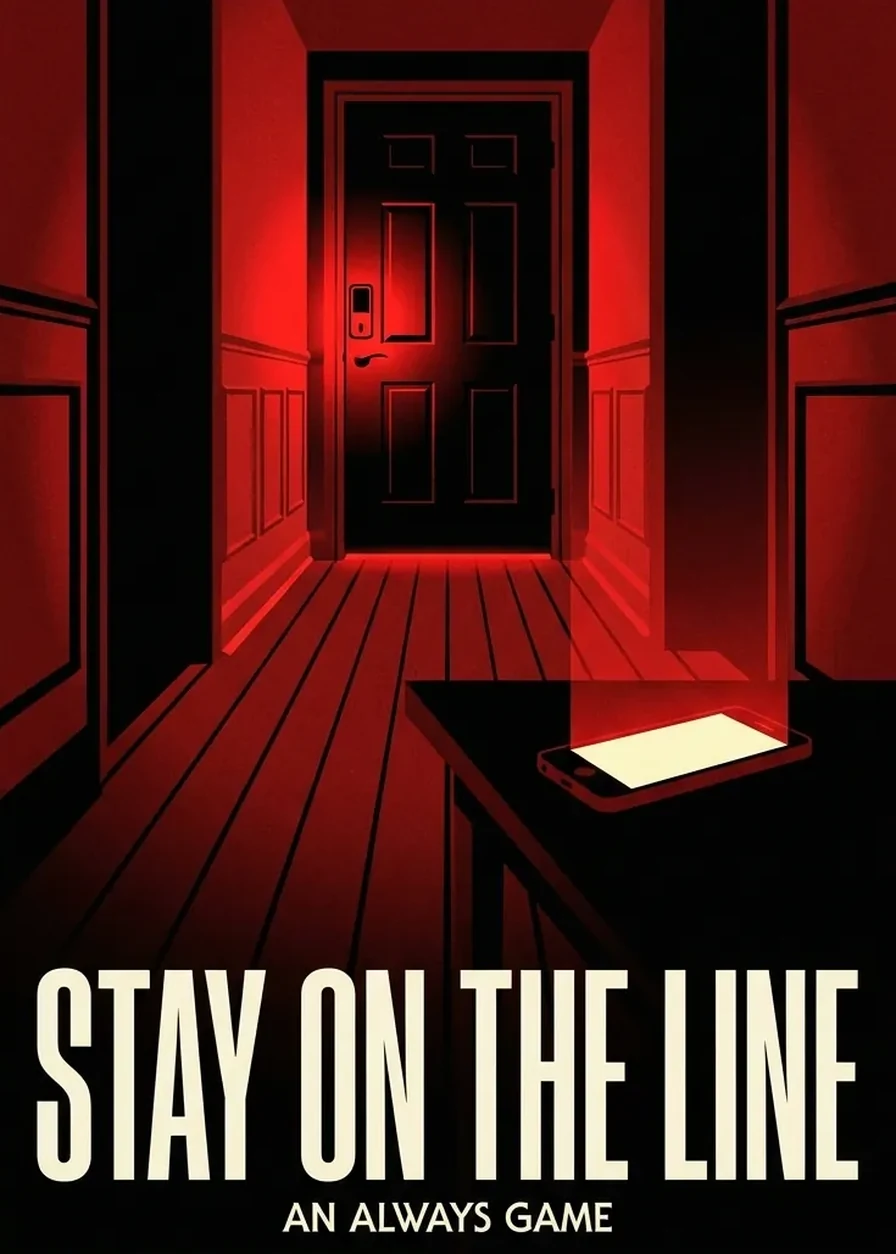 Poster for Stay on the Line: a dark hallway at night, a red light on the front door's smart lock and a phone glowing on the hall table.