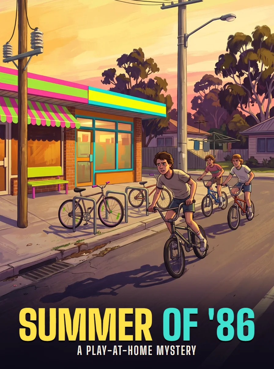 Poster for Summer of '86: three kids on BMX bikes racing past a fluoro milk bar at sunset, power poles, gum trees and a Hills hoist behind.