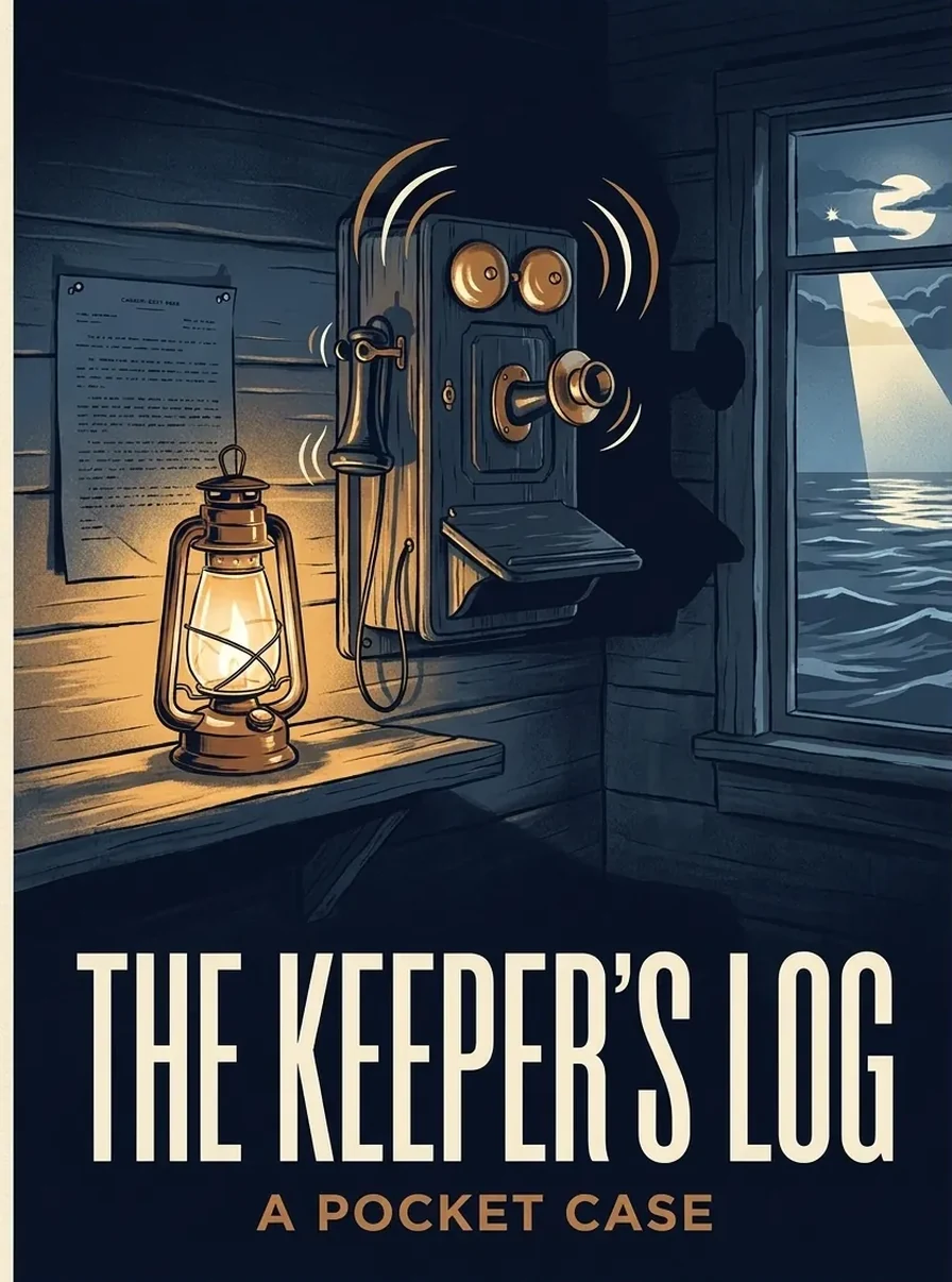 Poster for The Keeper's Log: an old wall telephone ringing in a dark lighthouse room at night, a lantern glowing beside it.