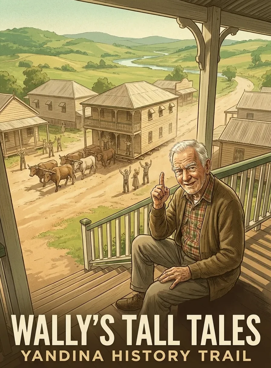 Poster for Wally's Tall Tales: an old storyteller on a verandah, while bullocks haul a two-storey timber hotel down a dusty street behind him.